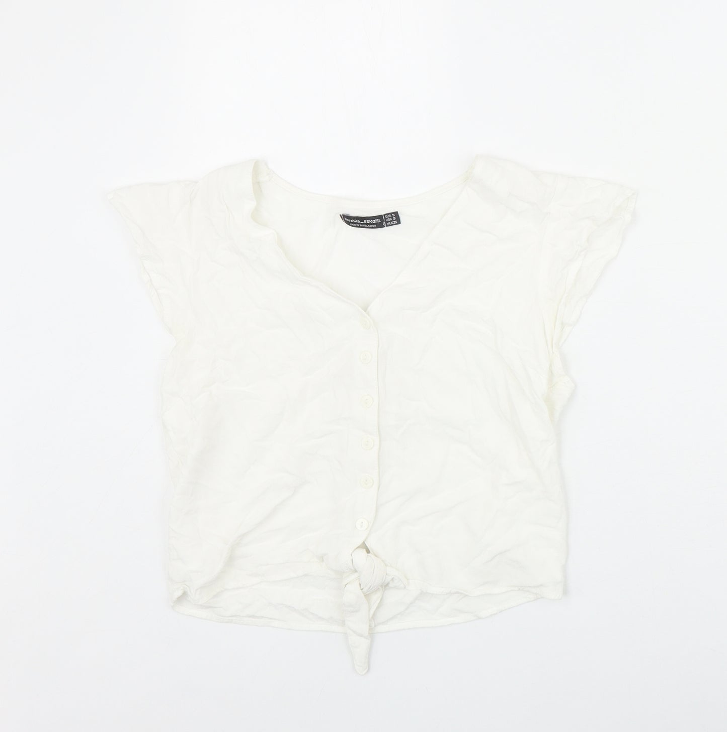 Bershka Womens Ivory Viscose Basic Button-Up Size S V-Neck - Tie Front
