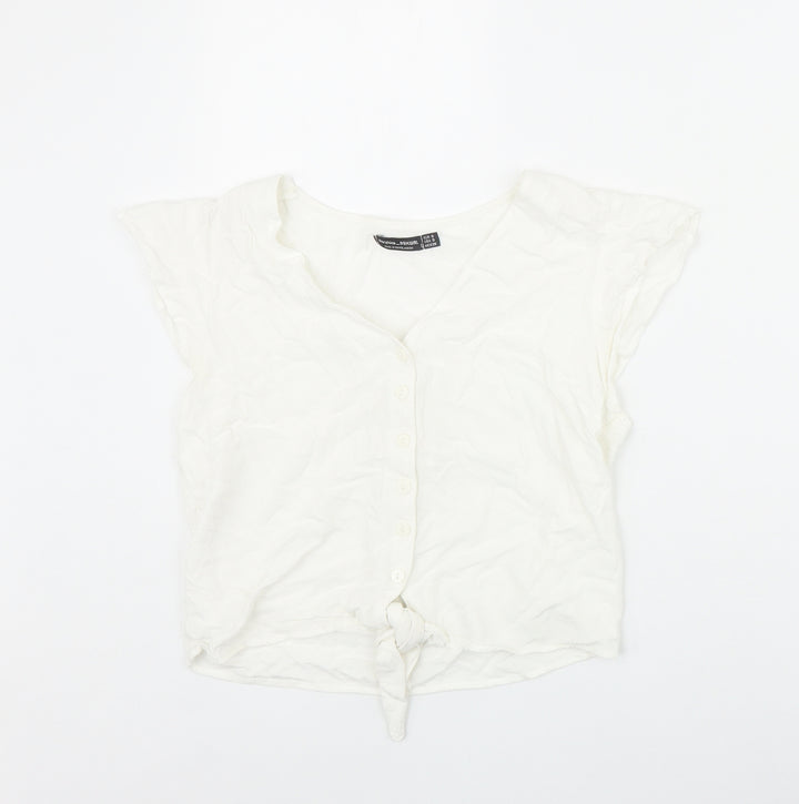 Bershka Womens Ivory Viscose Basic Button-Up Size S V-Neck - Tie Front