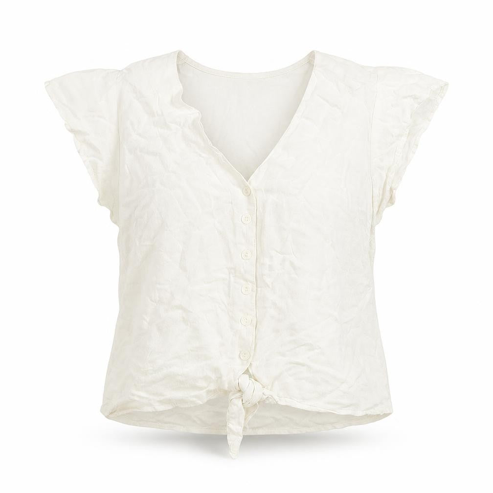 Front view of Bershka women’s ivory viscose basic button-up, size S, v-neck - tie front