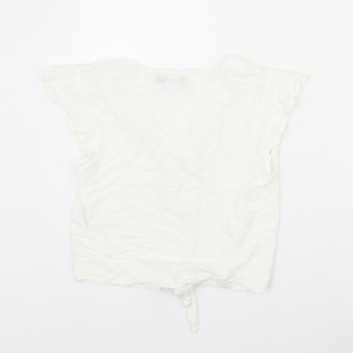 Bershka Womens Ivory Viscose Basic Button-Up Size S V-Neck - Tie Front