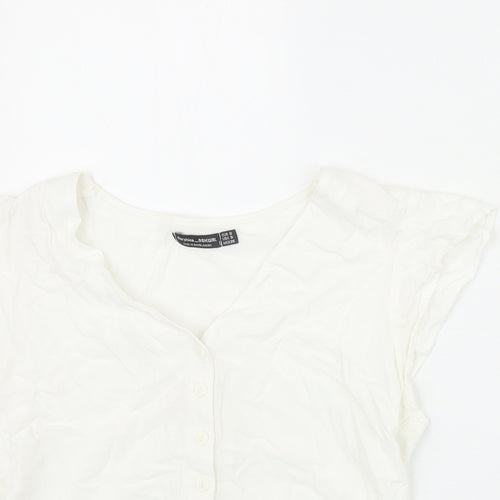 Bershka Womens Ivory Viscose Basic Button-Up Size S V-Neck - Tie Front