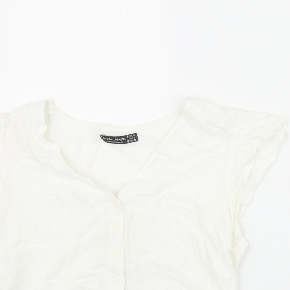 Bershka Womens Ivory Viscose Basic Button-Up Size S V-Neck - Tie Front