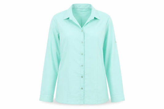 Front view of Dotti women’s green polyester basic button-up, size L, collared