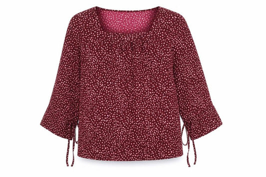 Front view of Kaleidoscope women’s red geometric polyester basic blouse, size UK 12, square neck