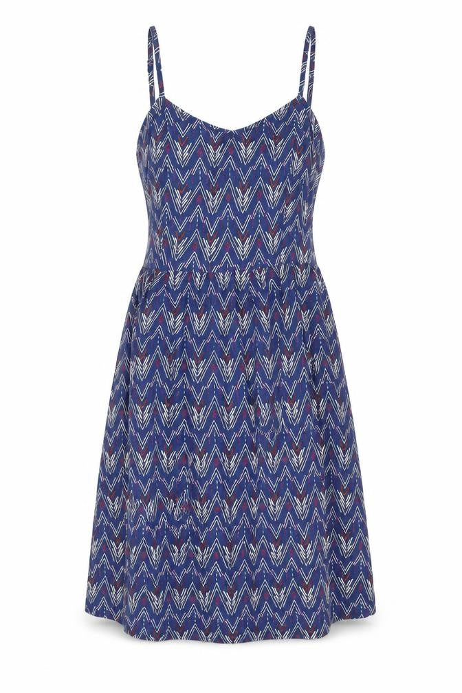 Front view of H&M women’s blue geometric viscose slip dress, size UK 8, scoop neck pullover