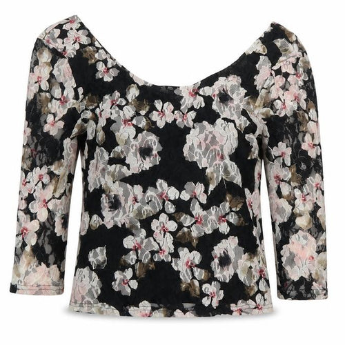 Pins & Needles Womens Black Floral Polyester Cropped Blouse Size S Scoop Neck