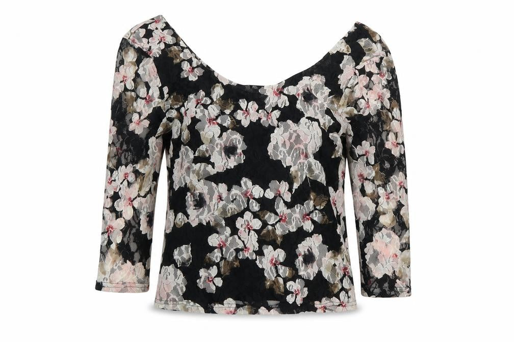 Pins & Needles Womens Black Floral Polyester Cropped Blouse Size S Scoop Neck