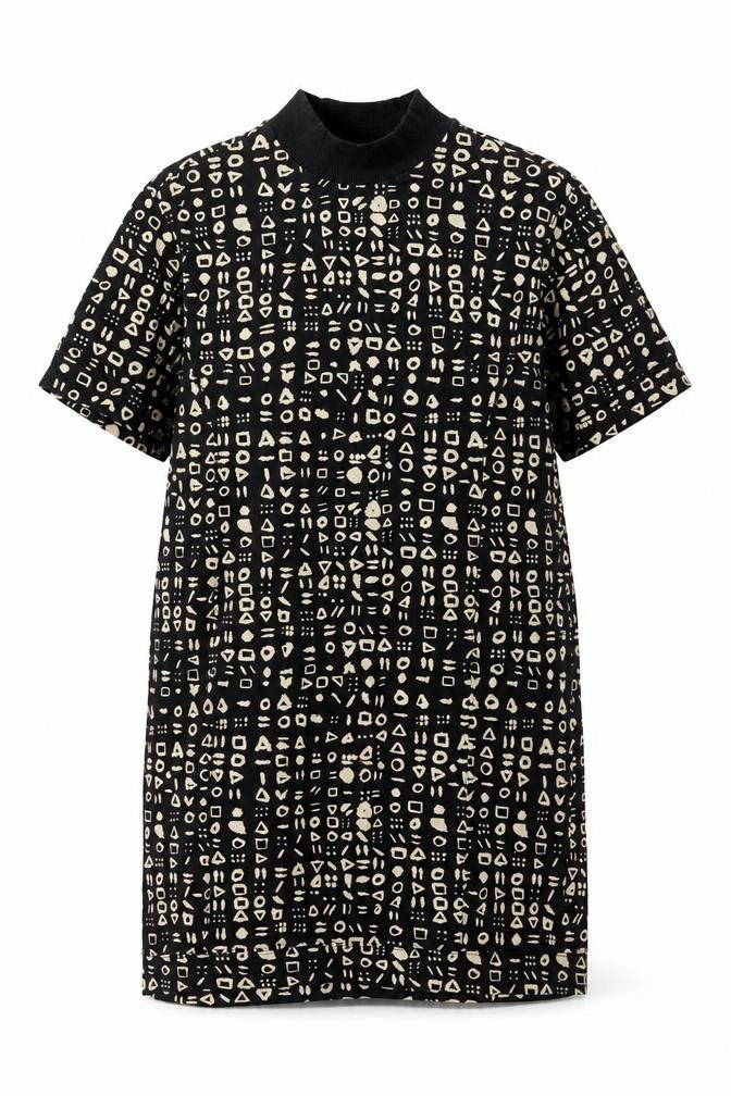 Front view of Monki women’s black geometric cotton shift, size S, round neck pullover