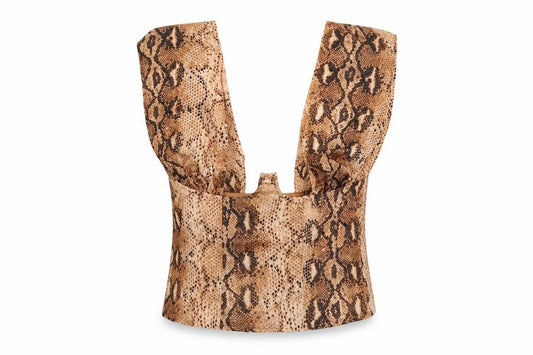 Front view of PRETTYLITTLETHING women’s brown animal print polyester cropped tank, size UK 8, sweetheart - snake print