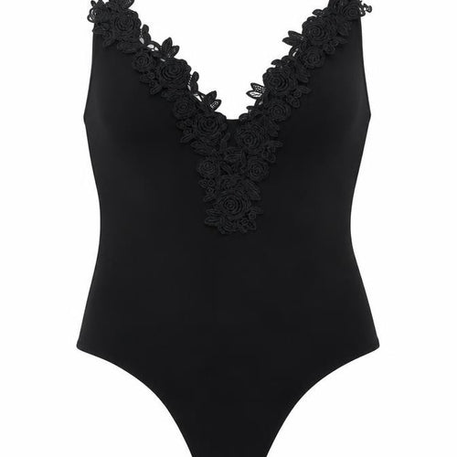 Lasula Womens Black Polyester Bodysuit One-Piece Size M Snap - Floral Lace Trim