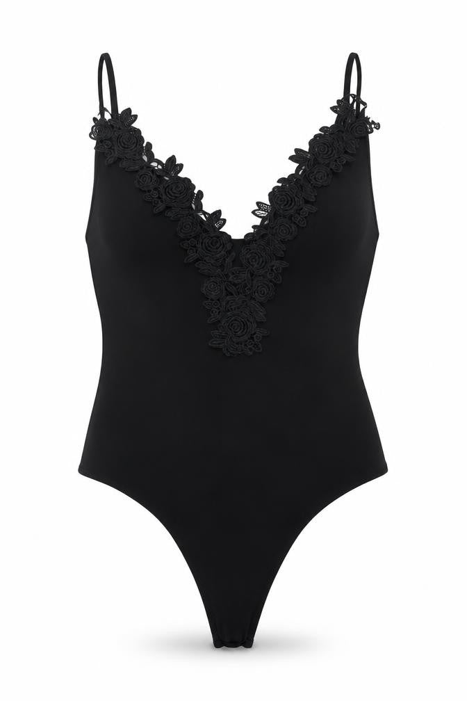 Lasula Womens Black Polyester Bodysuit One-Piece Size M Snap - Floral Lace Trim