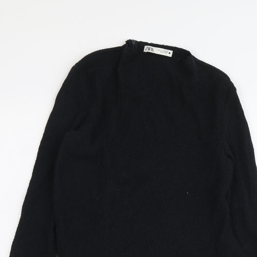Zara Womens Black Cotton Basic Blouse Size S Mock Neck - Asymmetric Hem