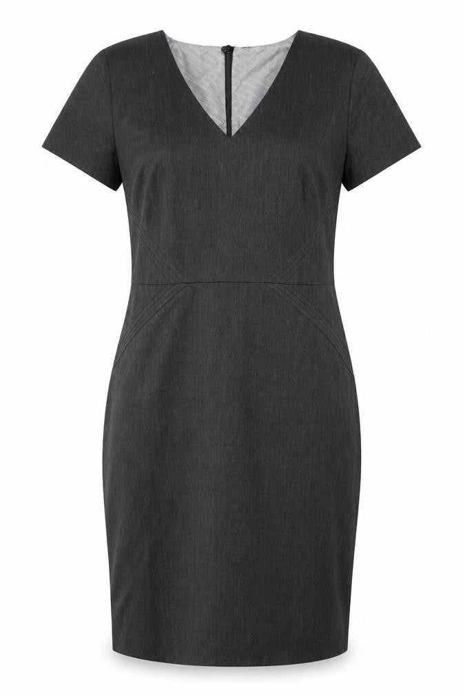 Front view of Marks & Spencer women’s grey polyester a-line, size UK 12, v-neck zip