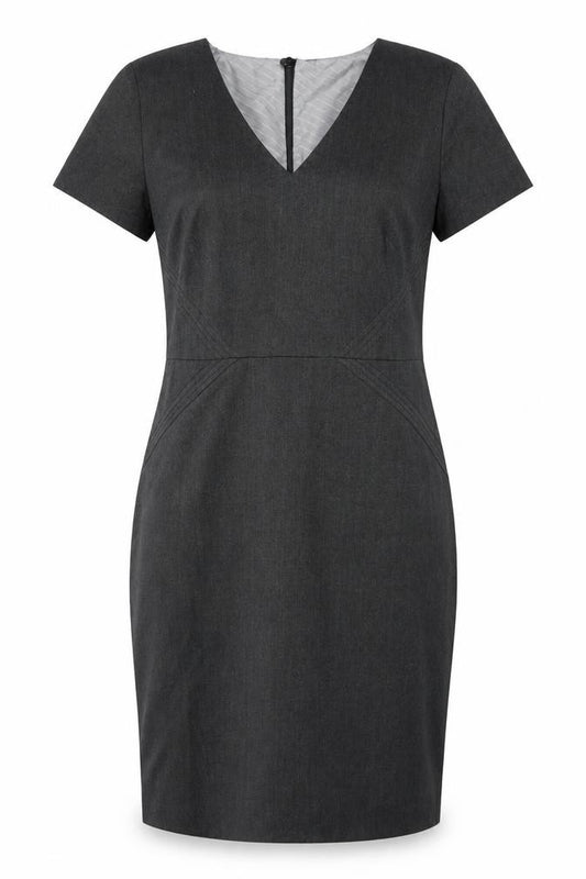 Front view of Marks & Spencer women’s grey polyester a-line, size UK 12, v-neck zip