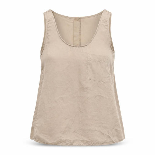 Front view of ASOS women’s beige polyester basic tank, size UK 8, scoop neck