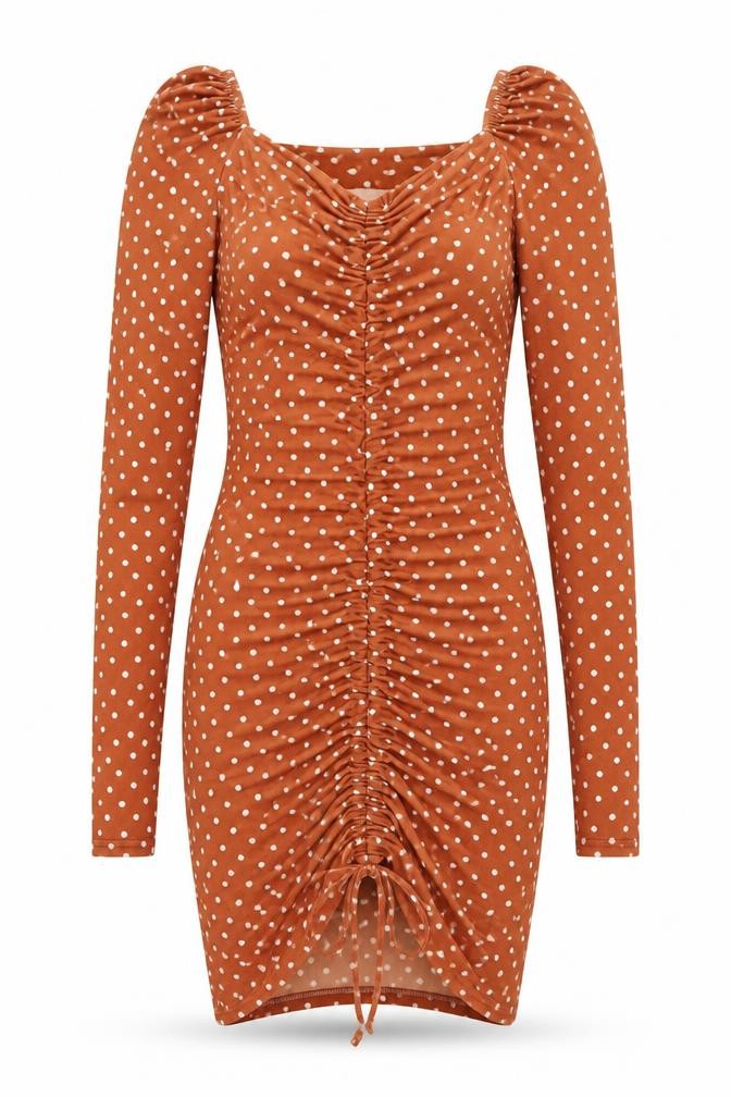 Front view of PRETTYLITTLETHING women’s brown polka dot polyester bodycon, size UK 6, v-neck pullover