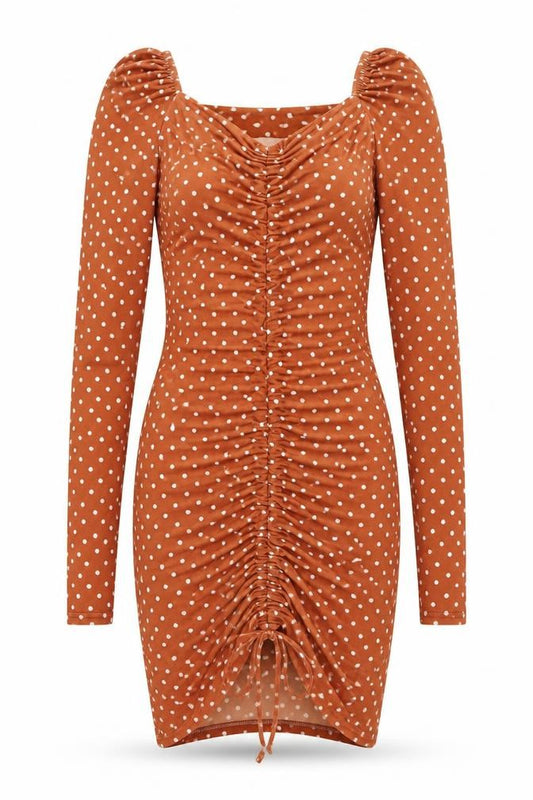 Front view of PRETTYLITTLETHING women’s brown polka dot polyester bodycon, size UK 6, v-neck pullover