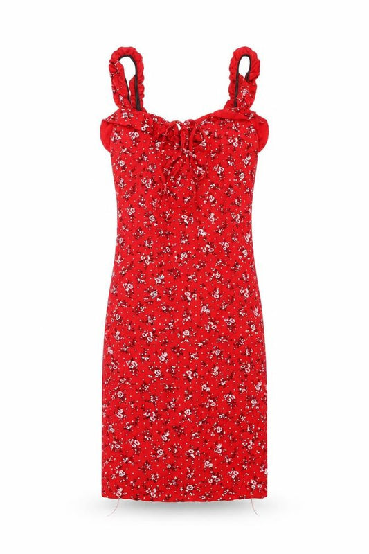 Front view of PRETTYLITTLETHING women’s red floral viscose bodycon, size UK 8, v-neck pullover