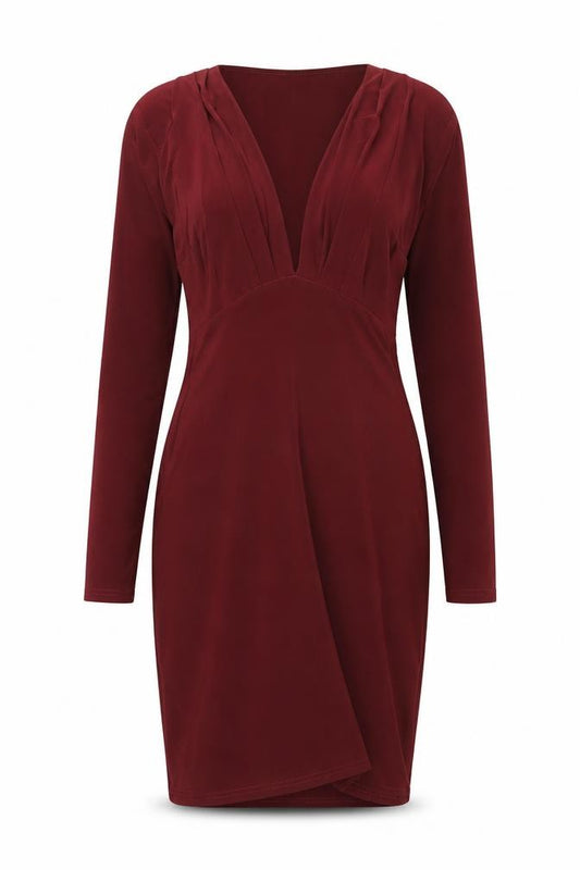 Front view of Boohoo women’s red polyester bodycon, size UK 8, v-neck pullover