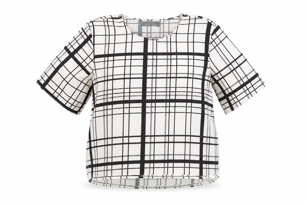 Front view of Missguided women’s white plaid polyester basic t-shirt, size UK 8, scoop neck