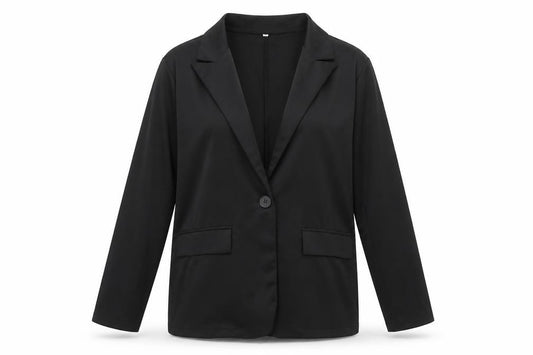 Front view of Preworn women’s black jacket blazer, size M, button