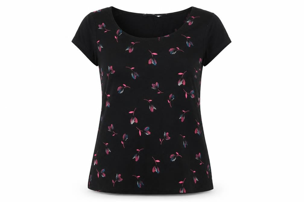 Front view of Preworn women’s black geometric polyester basic t-shirt, size S, scoop neck