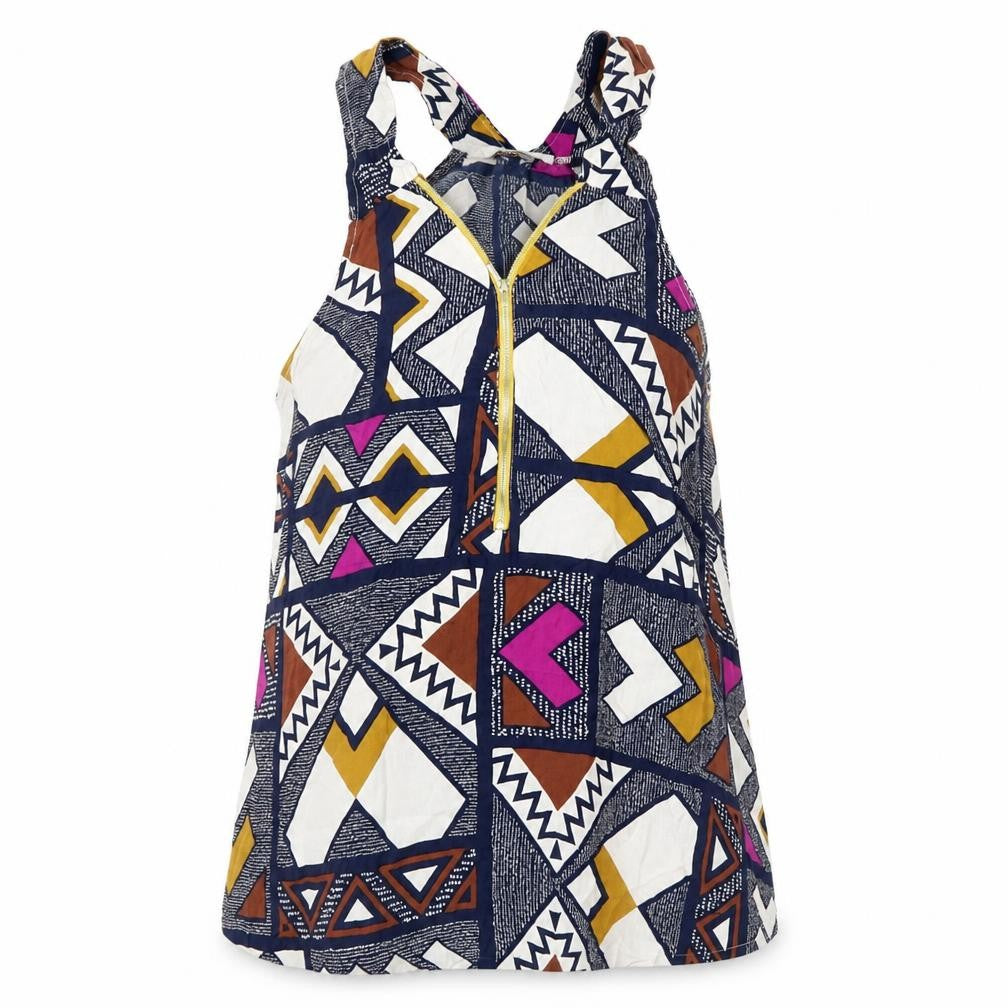 Front view of Promod women’s blue geometric viscose basic tank, size M, v-neck