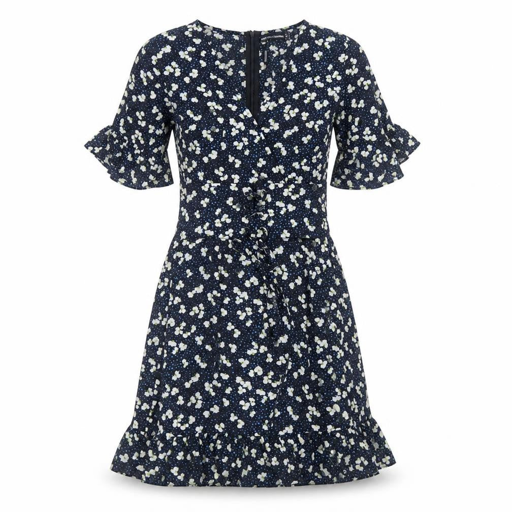 Front view of PRETTYLITTLETHING women’s black floral polyester fit & flare, size UK 8, v-neck zip