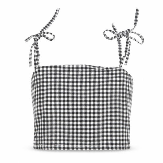 Front view of PRETTYLITTLETHING women’s black geometric viscose cropped tank, size UK 6, square neck