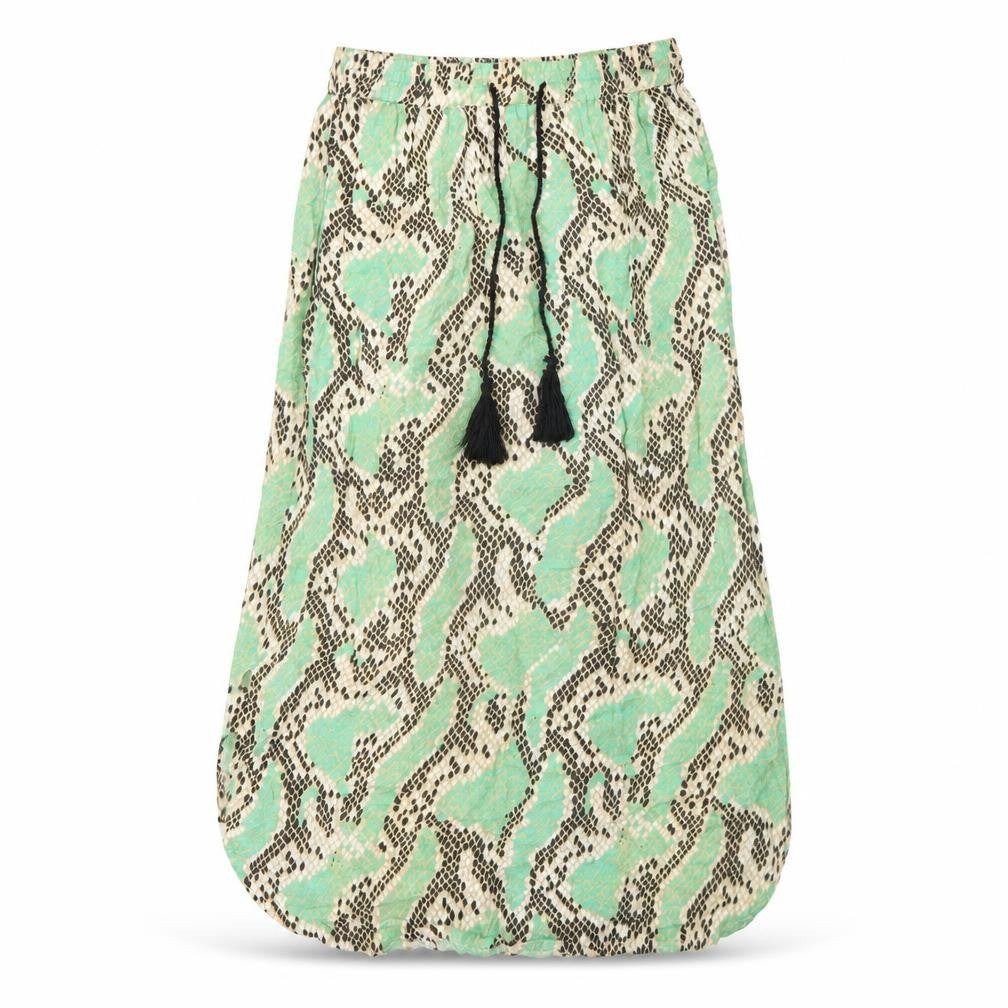 Front view of Anmol women’s green geometric viscose peasant skirt, size S, drawstring
