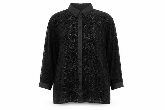 Front view of Vision women’s black geometric polyester basic button-up, size XL, collared