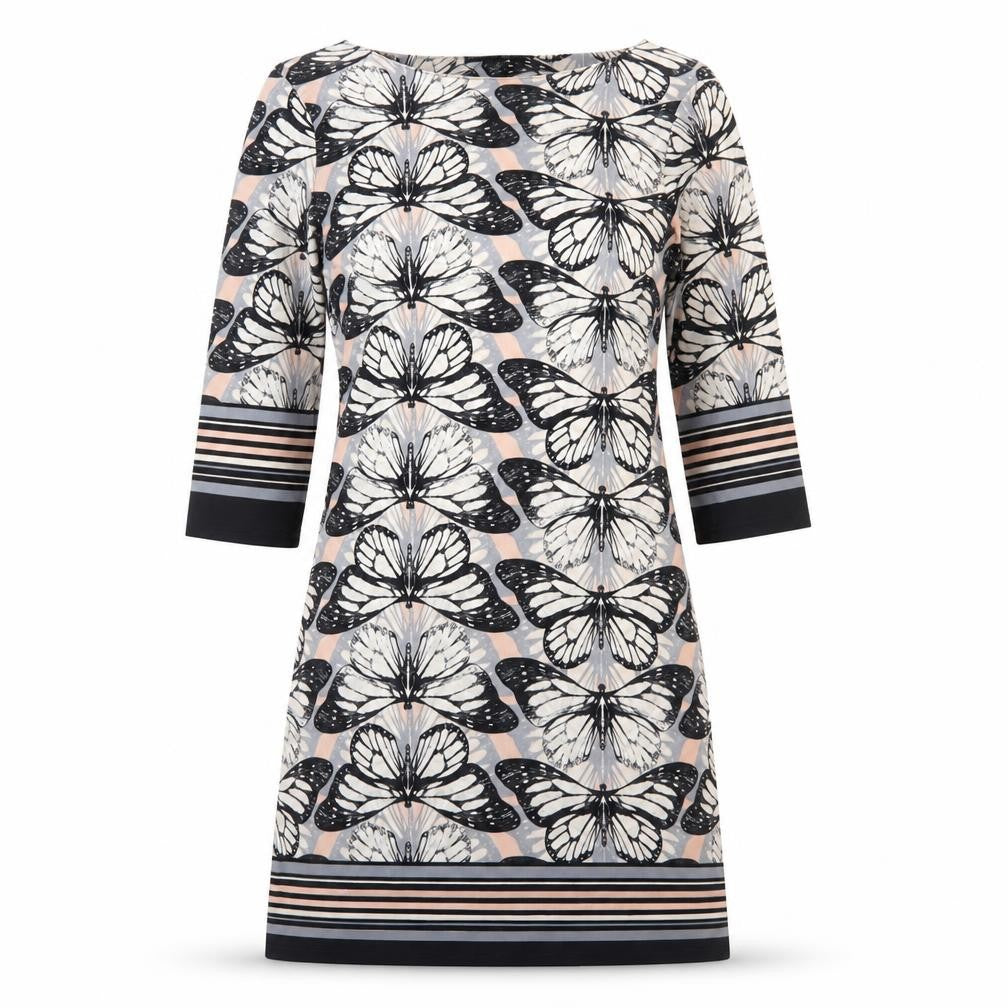 Front view of Atmosphere women’s grey geometric polyester a-line, size UK 8, boat neck pullover - butterfly pattern