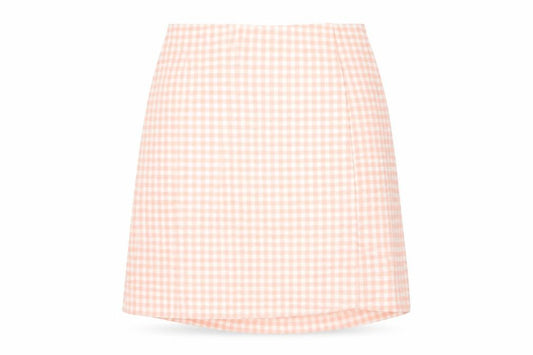 Front view of H&M women’s pink check polyester a-line skirt, size XS