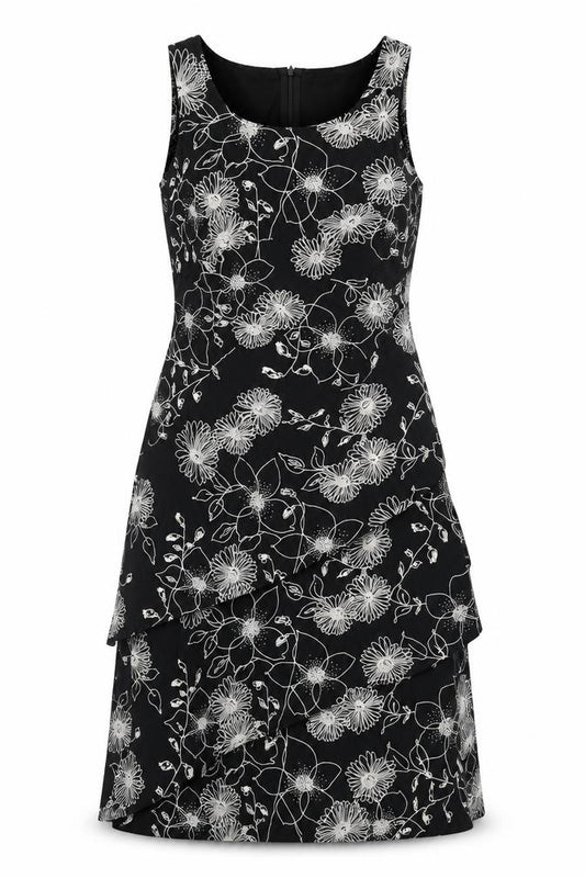 Front view of Lady Allister women’s black floral polyester a-line, size M, boat neck zip