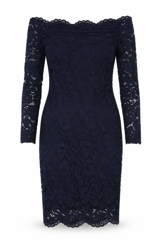 Front view of Divided by H&M women’s blue polyamide pencil dress, size UK 10, off the shoulder pullover