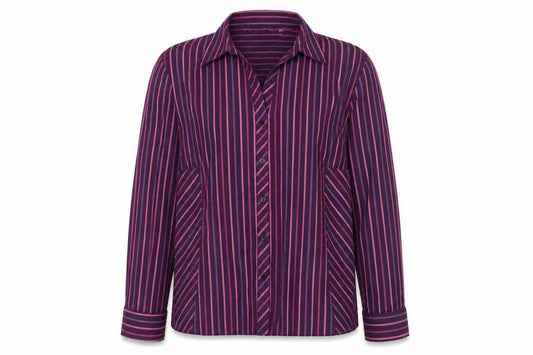 Front view of Preworn women’s purple geometric polyester basic button-up, size UK 12, collared