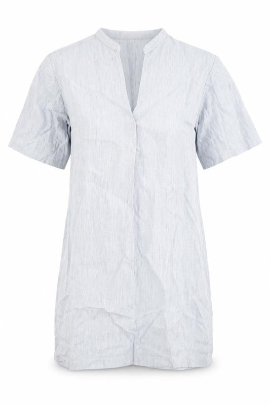Front view of Marvin Browne women’s blue striped linen a-line, size S, v-neck pullover
