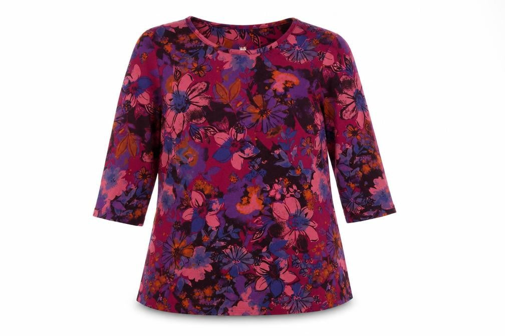 Front view of D&Co. women’s multicoloured floral polyester basic t-shirt, size XL, round neck