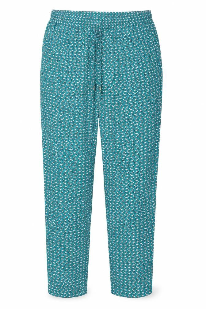 Front view of Zendra women’s green geometric viscose trousers, size UK 10, regular drawstring