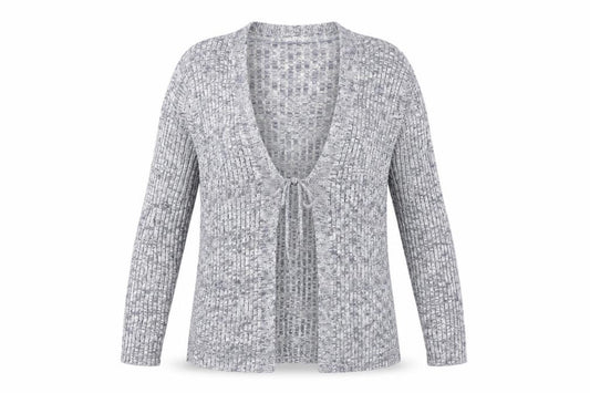 Front view of Papaya women’s grey v-neck viscose cardigan jumper, size UK 12, - tie front