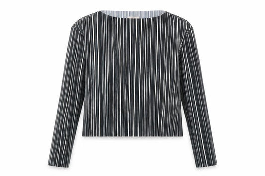 Front view of H&M women’s black striped polyester basic blouse, size UK 6, round neck