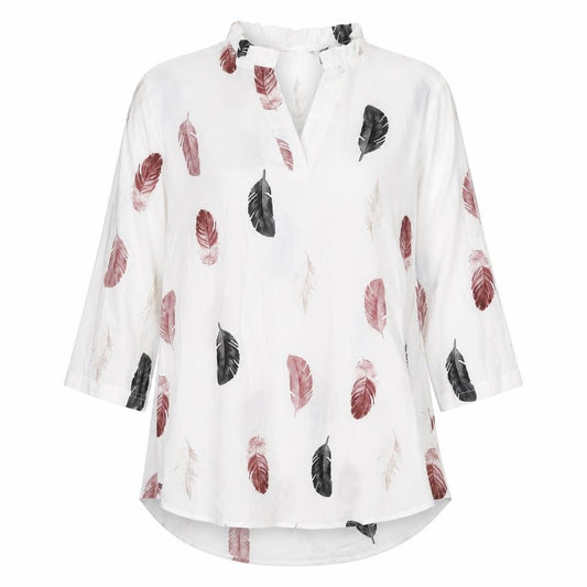 Front view of Gomorn women’s white geometric polyester basic blouse, size M, v-neck - feather print