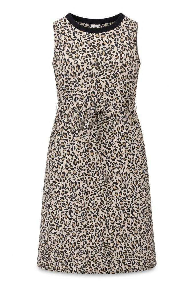 Front view of Warehouse women’s brown animal print polyester a-line, size UK 10, round neck drawstring - leopard pattern