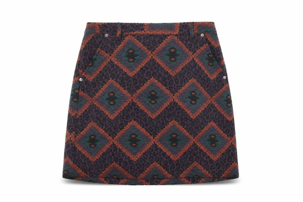 Front view of Indigo women’s multicoloured geometric polyester a-line skirt, size UK 8, zip