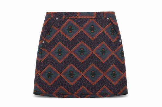 Front view of Indigo women’s multicoloured geometric polyester a-line skirt, size UK 8, zip