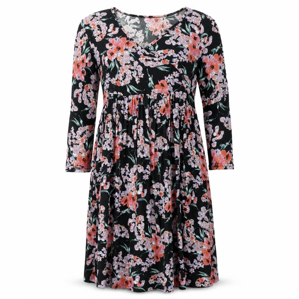 Front view of ASOS women’s black floral polyester trapeze & swing, size UK 10, v-neck pullover