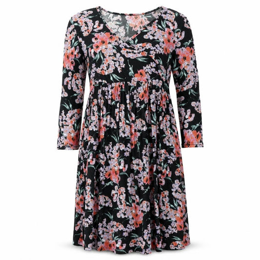 Front view of ASOS women’s black floral polyester trapeze & swing, size UK 10, v-neck pullover