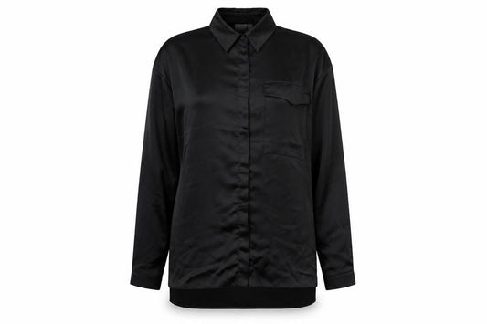 Front view of ASOS women’s black polyester basic button-up, size UK 10, collared