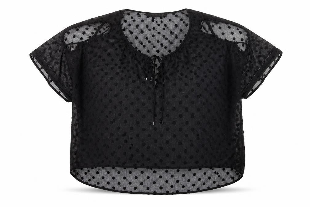 Front view of Zara women’s black polka dot polyester basic blouse, size L, scoop neck - split sleeve detail