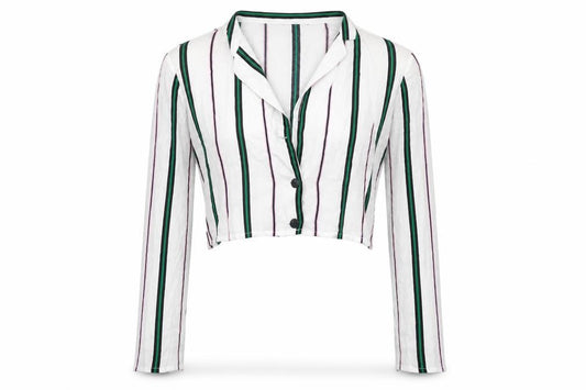Front view of Bershka women’s white striped viscose cropped button-up, size L, collared
